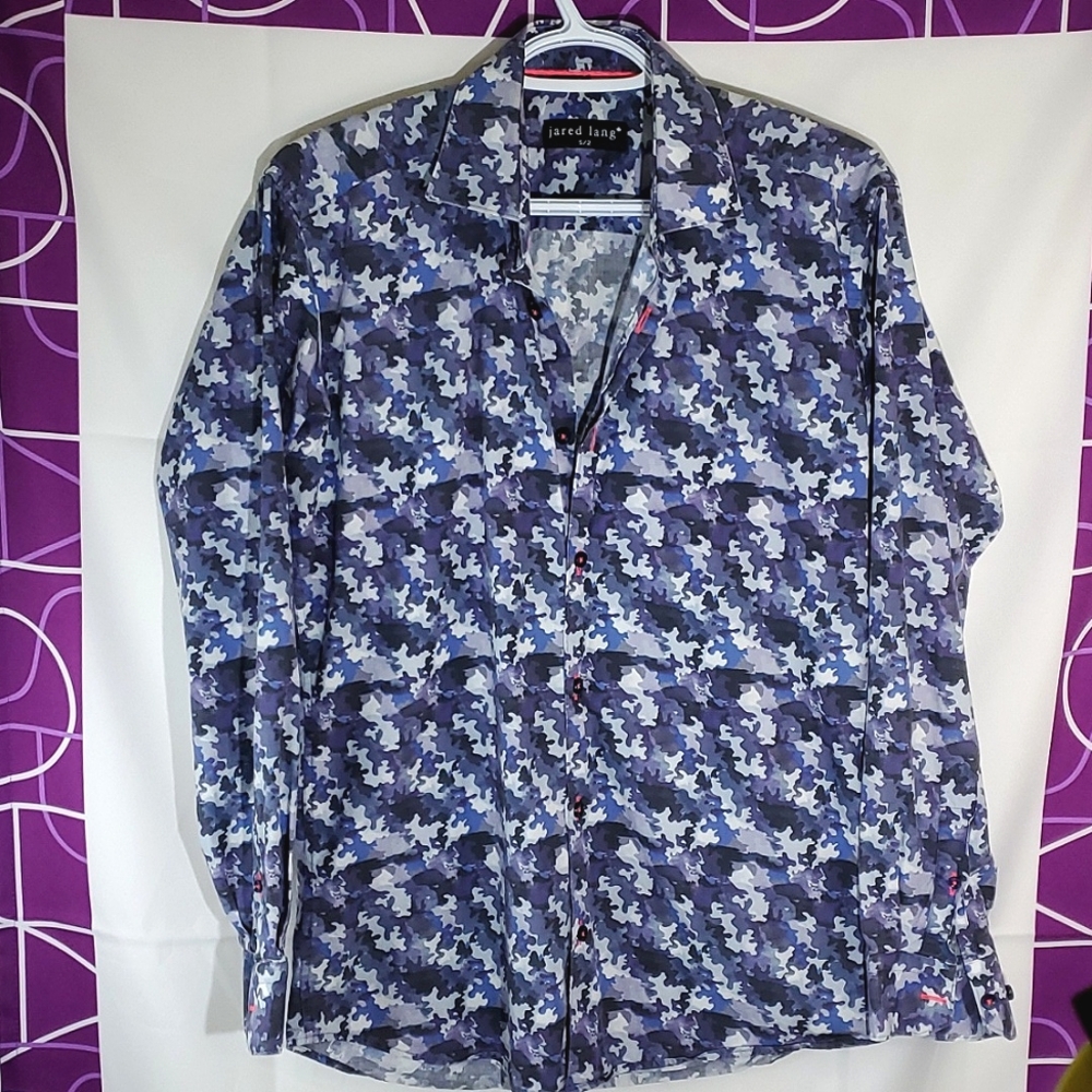 Jared Lang Men's/Unisex Blue Camo Button-Up Long Sleeve Dress Shirt - Size S/2
